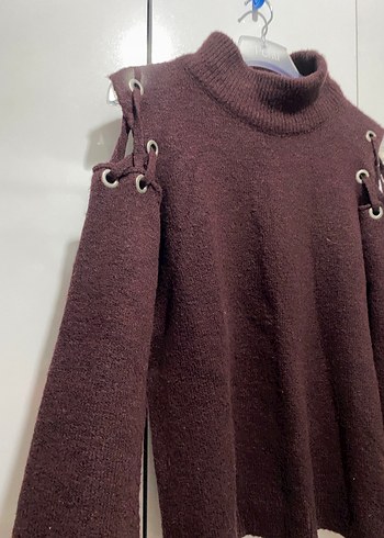 Omuz Detaylı Kahverengi Balıkçı Yaka Örgü Kadın Kazak - Görsel 2