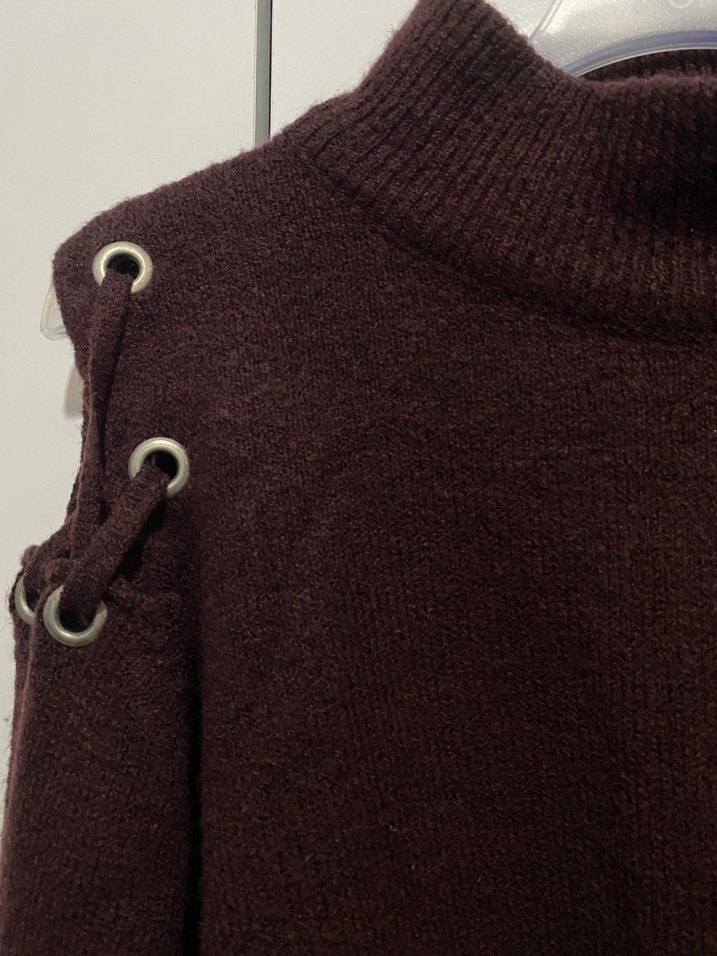 Omuz Detaylı Kahverengi Balıkçı Yaka Örgü Kadın Kazak - Görsel 3