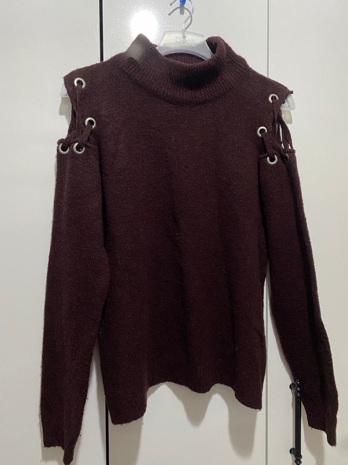 Omuz Detaylı Kahverengi Balıkçı Yaka Örgü Kadın Kazak - Görsel 4