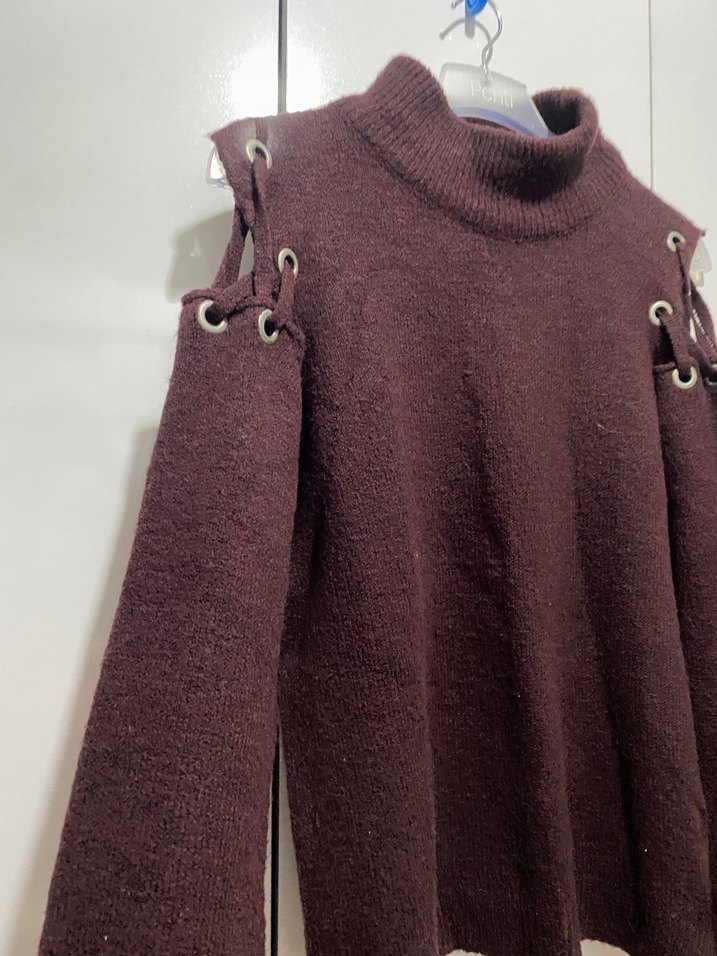 Omuz Detaylı Kahverengi Balıkçı Yaka Örgü Kadın Kazak - Görsel 2