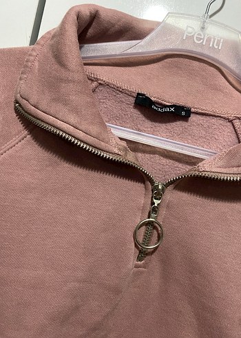 Bej Yarım Fermuarlı Yüksek Yakalı Crop Sweatshirt - Görsel 2