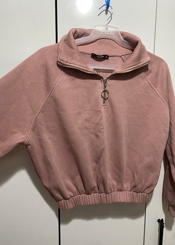 Bej Yarım Fermuarlı Yüksek Yakalı Crop Sweatshirt - Görsel 3