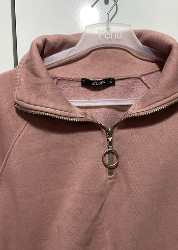 Bej Yarım Fermuarlı Yüksek Yakalı Crop Sweatshirt - Görsel 6