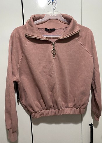 Bej Yarım Fermuarlı Yüksek Yakalı Crop Sweatshirt - Görsel 5