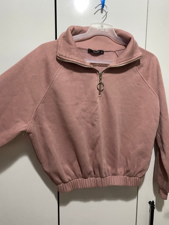 Bej Yarım Fermuarlı Yüksek Yakalı Crop Sweatshirt - Görsel 3