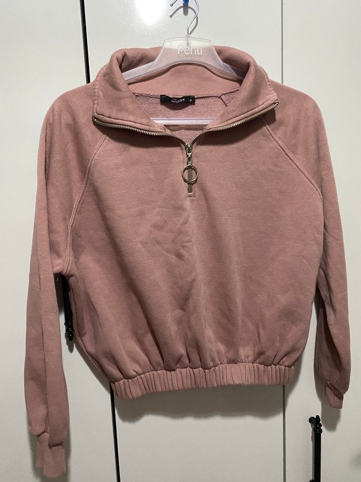 Bej Yarım Fermuarlı Yüksek Yakalı Crop Sweatshirt - Görsel 5