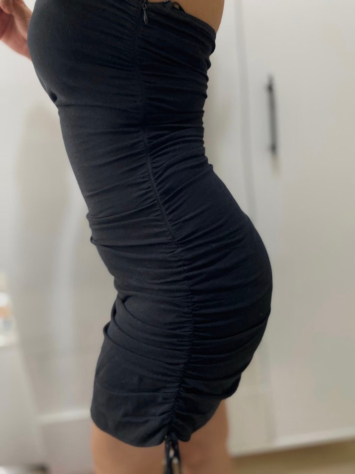 Siyah Straplez Drapeli Mini Elbise - Görsel 3