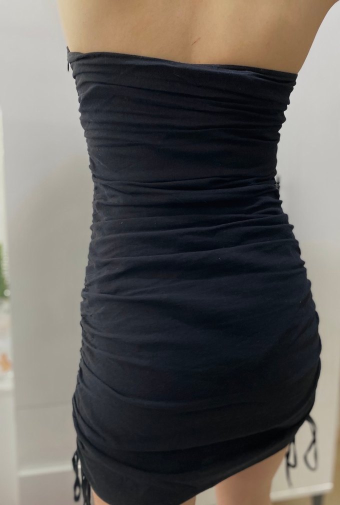 Siyah Straplez Drapeli Mini Elbise - Görsel 2