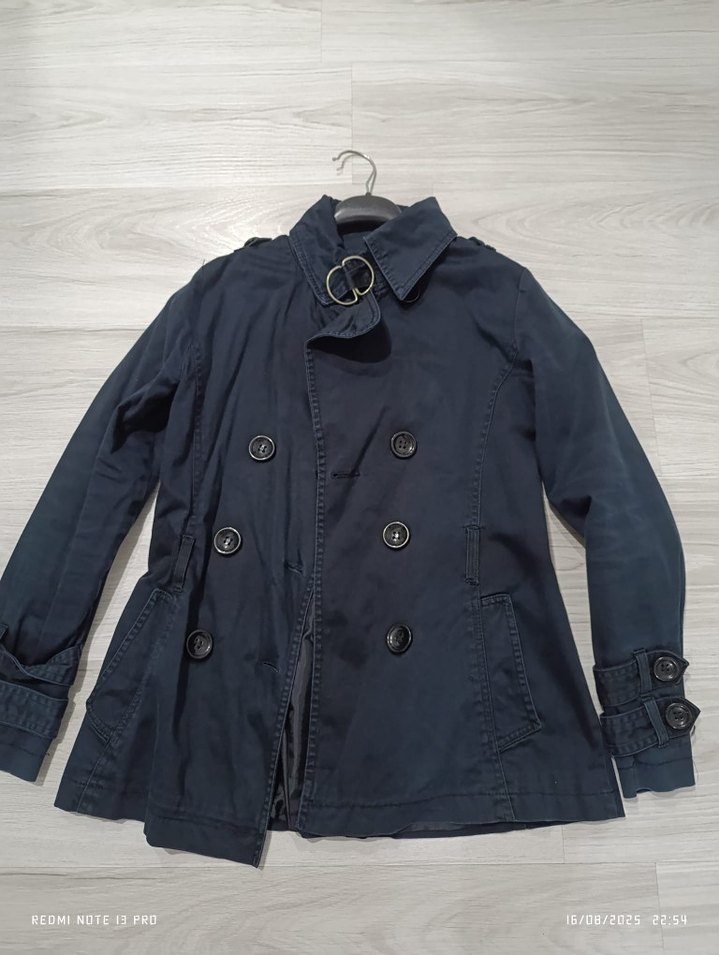 Y2K Vintage Düğmeli Lacivert Kadın Trençkot - Görsel 2