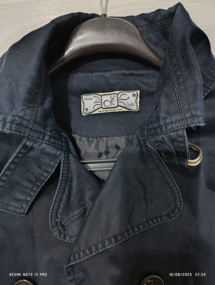 Y2K Vintage Düğmeli Lacivert Kadın Trençkot - Görsel 3