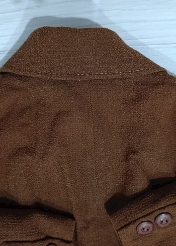 Düğmeli Koyu Kahverengi Keten Kadın Blazer Ceket - Görsel 5