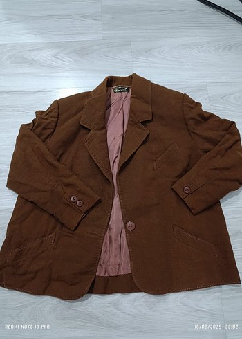 Düğmeli Koyu Kahverengi Keten Kadın Blazer Ceket - Görsel 2