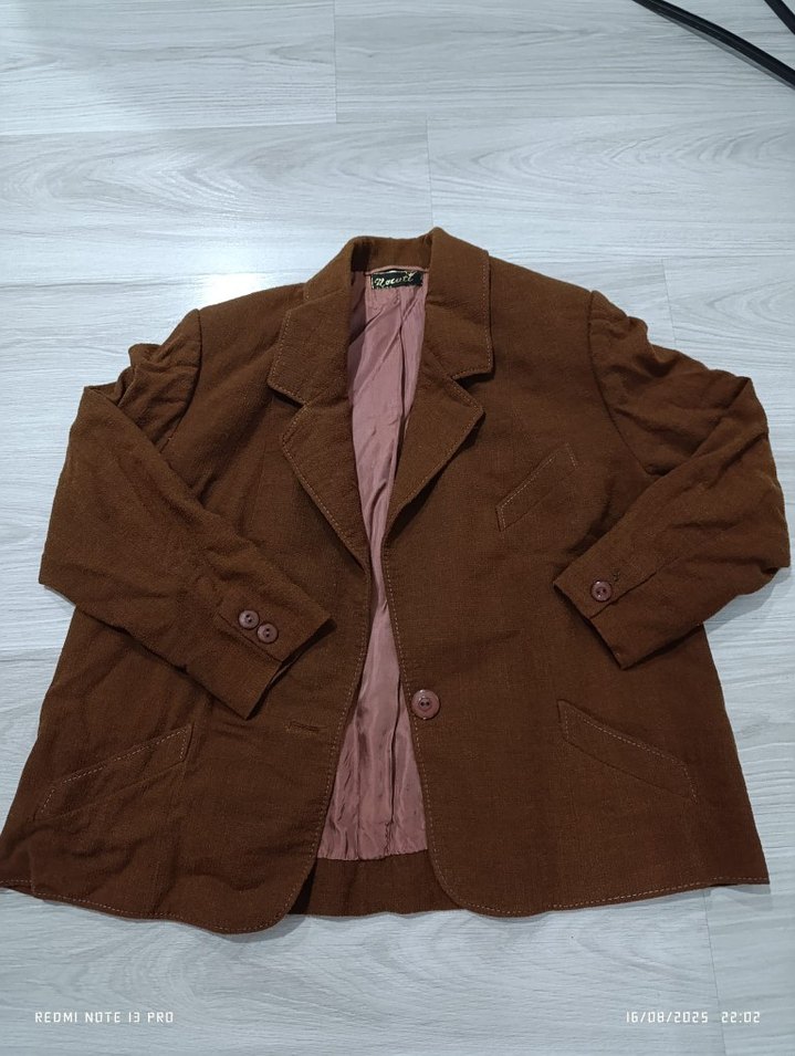 Düğmeli Koyu Kahverengi Keten Kadın Blazer Ceket - Görsel 2