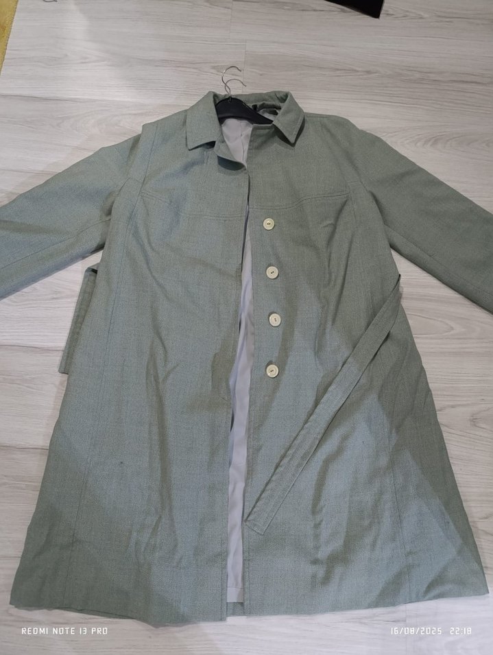 Kadın Su Yeşili Beli Kuşaklı Uzun Klasik Trençkot Kaban - Görsel 2