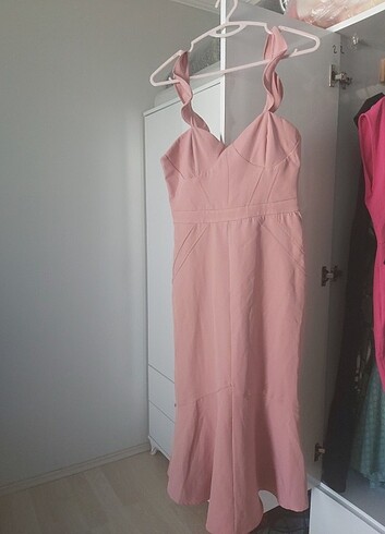 Pudra pembe midi elbise