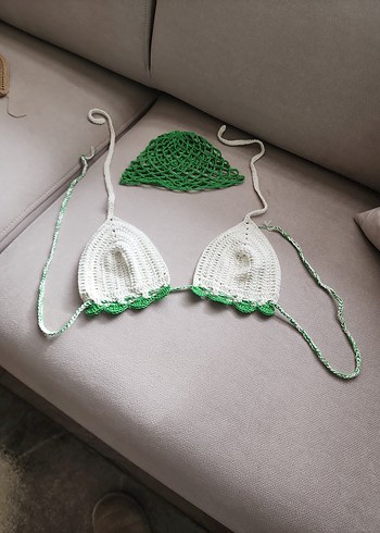 Yeşil Beyaz Dantelli Bohem Bikini Üstü bere takim - Görsel 3