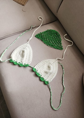 Yeşil Beyaz Dantelli Bohem Bikini Üstü bere takim - Görsel 4