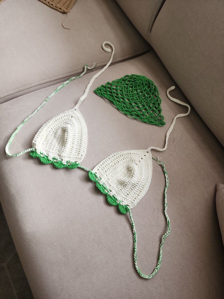 Yeşil Beyaz Dantelli Bohem Bikini Üstü bere takim - Görsel 4