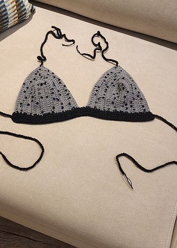 Boncuk Detaylı Gri İp Askılı Bikini Üstü 36 38 beden uygun - Görsel 2