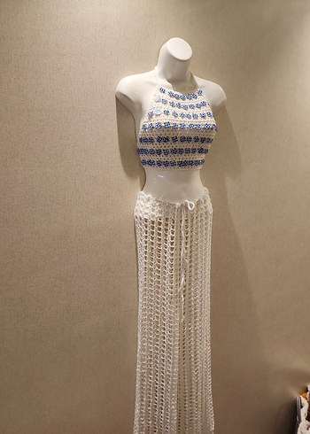 Nakışlı Beyaz Bohem Örgü bustiyer ve pantolon - Görsel 7