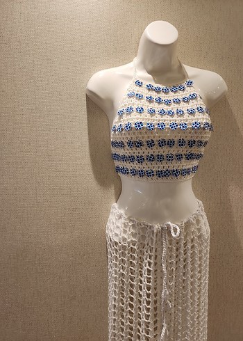 Nakışlı Beyaz Bohem Örgü bustiyer ve pantolon - Görsel 5