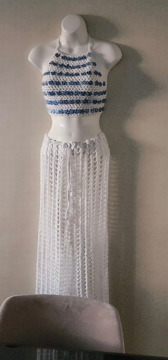 Nakışlı Beyaz Bohem Örgü bustiyer ve pantolon - Görsel 2