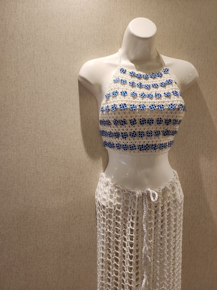 Nakışlı Beyaz Bohem Örgü bustiyer ve pantolon - Görsel 5