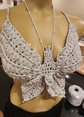 Zara Bej pullu Dantel Detaylı Örgü Bohem Büstiyer