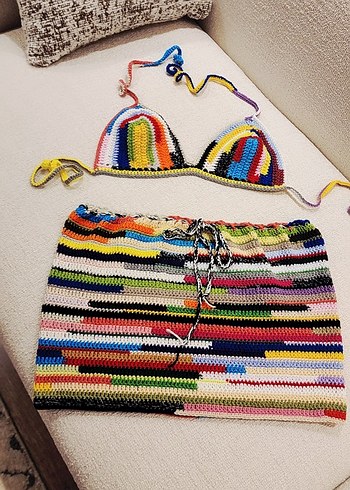 Renkli Örgü Mini Bohem Plaj etek bikini ustu 36 beden - Görsel 8