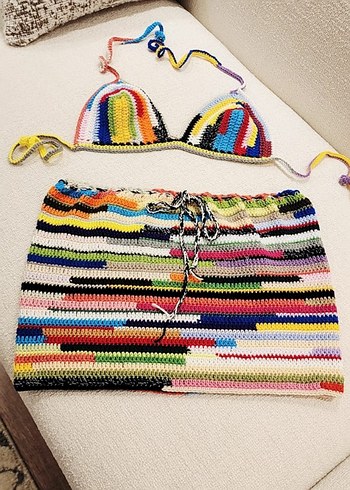 Renkli Örgü Mini Bohem Plaj etek bikini ustu 36 beden - Görsel 6