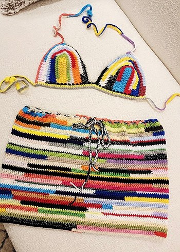 Renkli Örgü Mini Bohem Plaj etek bikini ustu 36 beden - Görsel 7