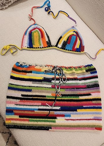 Renkli Örgü Mini Bohem Plaj etek bikini ustu 36 beden - Görsel 11