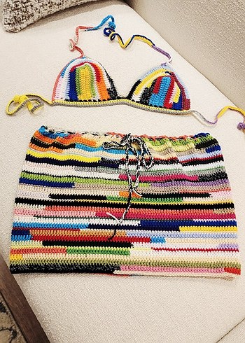 Renkli Örgü Mini Bohem Plaj etek bikini ustu 36 beden - Görsel 10
