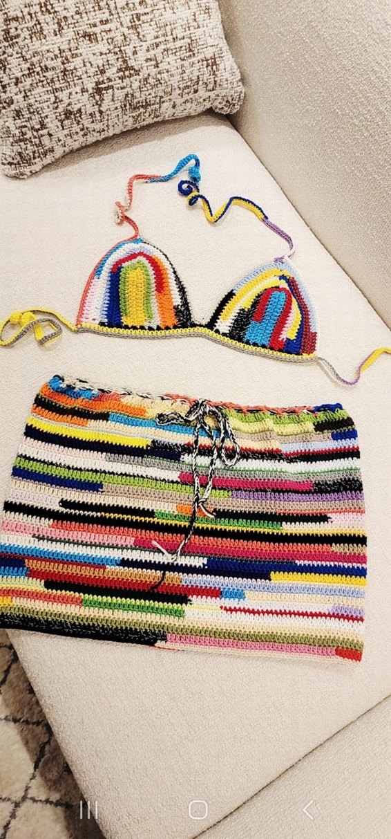 Renkli Örgü Mini Bohem Plaj etek bikini ustu 36 beden - Görsel 5