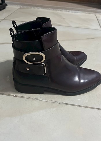 Zara Bordo Deri Tokalı Kadın Bot