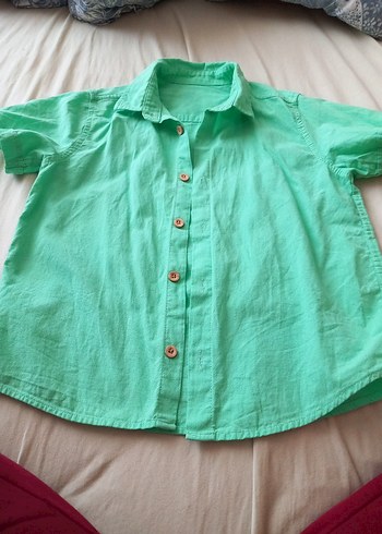 Erkek Çocuk Yeşil Keten Kısa Kollu Gömlek - Görsel 3