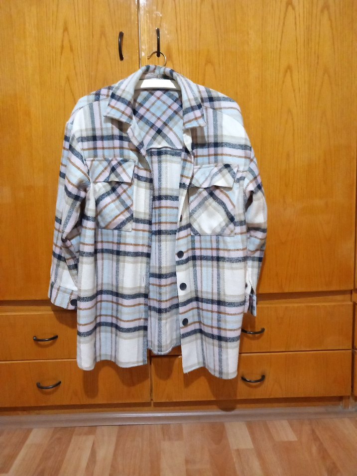 Düğmeli Bej Ekose Kadın Gömlek - Görsel 4