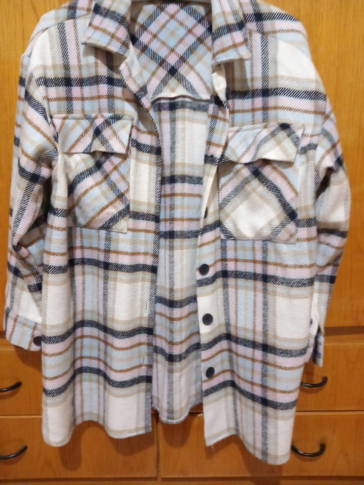 Düğmeli Bej Ekose Kadın Gömlek - Görsel 3