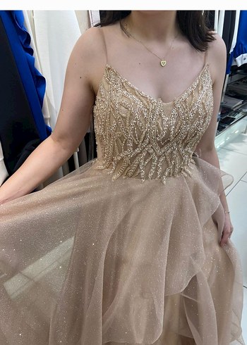 Bej Drapeli Uzun Abiye Elbise - Görsel 3