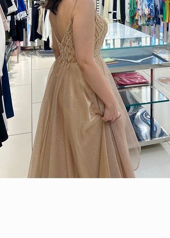 Bej Drapeli Uzun Abiye Elbise - Görsel 2