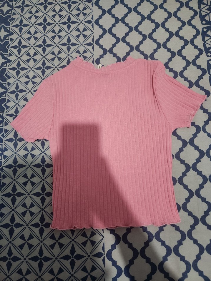 Pembe Kısa Kollu Fitilli Kadın Tişört - Görsel 3