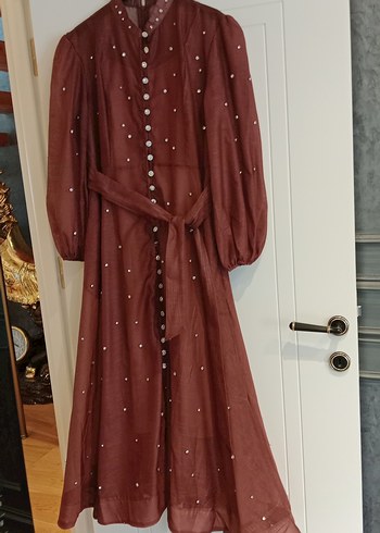 Bordo Vintage Uzun Kollu Uzun Elbise
