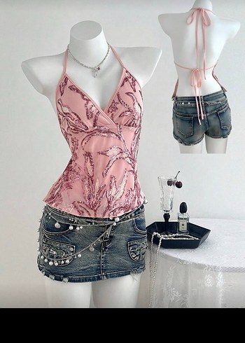 Sheinside Pembe pullu sequin sirt dekolteli Straplez Mini Bluz