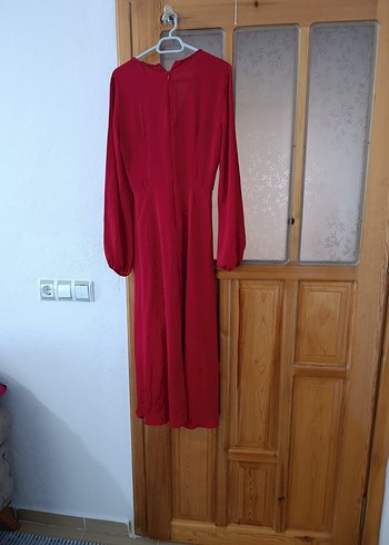 Drapeli Kırmızı Uzun Kadın Elbise - Görsel 3