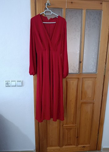 Drapeli Kırmızı Uzun Kadın Elbise - Görsel 4