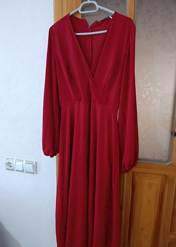 Drapeli Kırmızı Uzun Kadın Elbise - Görsel 2