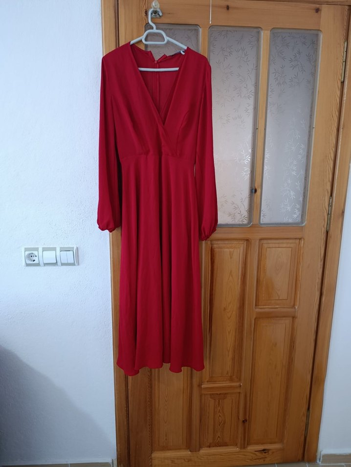 Drapeli Kırmızı Uzun Kadın Elbise - Görsel 4