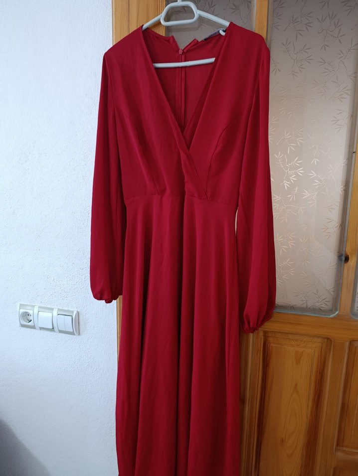 Drapeli Kırmızı Uzun Kadın Elbise - Görsel 2