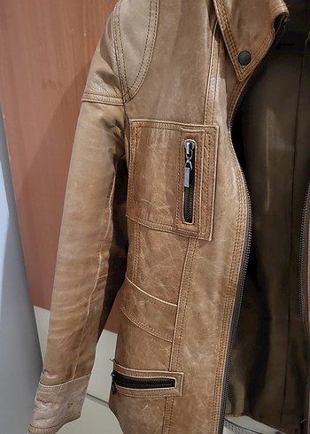 Bej Deri Biker Ceket - Görsel 4