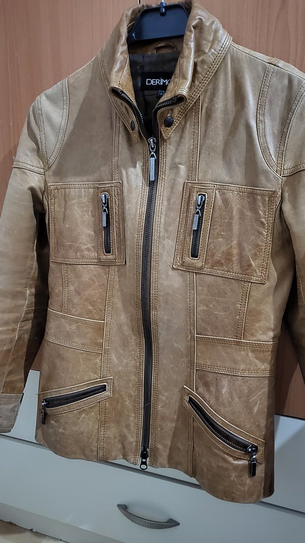 Bej Deri Biker Ceket - Görsel 2